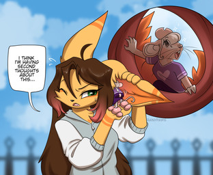 anthro bodily_fluids brown_eyes brown_hair clothed clothing cloud day duo ear_pull ear_vore ellipsis eyebrows female fur gloves_(marking) green_eyes hair heart_clothing heart_symbol highlights_(coloring) inner_ear_fluff internal larger_female long_hair macro markings micro mouse_tail notched_ear on_hand one_eye_closed open_mouth orange_inner_ear_fluff outside pawpads pink_body pink_fur pink_highlights pink_pawpads raised_eyebrows size_difference sky smaller_female sparkles speech_bubble sweat tail text tuft unusual_vore vore whiskers white_body white_fur white_hair rainypaws rainy_(rainypaws) canid canine fox mammal mouse murid murine rodent artist_name english_text hi_res