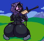 anthro big_breasts big_butt biped bouncing_butt breasts butt clothed clothing female fur gun headgear headwear holding_gun holding_object holding_ranged_weapon holding_weapon huge_butt looking_back outside ranged_weapon shadow_face smile weapon xd nebssik epic_games fortnite raven_team_leader bear mammal animated hi_res short_playtime