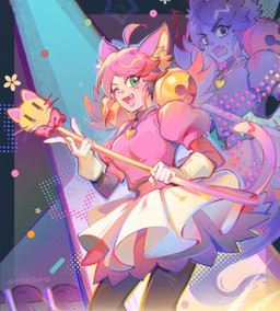 ahoge animal_ears bottomwear breasts clothed clothed_female clothed_humanoid clothing duo female fully_clothed fully_clothed_female fully_clothed_humanoid ghost_tail gloves green_eyes hair hair_bell handwear heart_necklace holding_object holding_wand inner_ear_fluff light_body light_skin one_eye_closed pink_clothing pink_hair pink_topwear purple_body skirt tail topwear tuft wand white_bottomwear white_clothing white_gloves white_handwear white_skirt rene-elric undertale_(series) irritable_ghost_(deltarune) mew_mew_(undertale) pink_(deltarune) animal_humanoid cat_humanoid felid felid_humanoid feline feline_humanoid ghost humanoid mammal mammal_humanoid spirit 2026 hi_res
