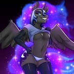 anthro big_breasts black_body breasts clothed clothing clothing_lift female horn legwear nipples panties shirt shirt_lift solo thigh_highs topwear underwear wide_hips wings kennzeichen friendship_is_magic hasbro my_little_pony mythology nightmare_moon_(mlp) equid equine mammal mythological_creature mythological_equine winged_unicorn 1:1 hi_res