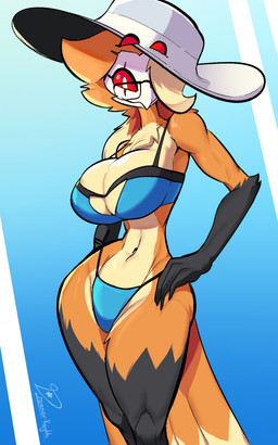 after_transformation anthro big_breasts bikini breasts cleavage clothed clothing crossgender eyewear female glasses gloves_(marking) markings mtf_crossgender navel non-mammal_breasts non-mammal_navel red_eyes small_waist smile solo swimwear thick_thighs two-piece_swimsuit wide_brim_hat wide_hips dreamerknight hellaverse helluva_boss fan_character owl_demon absurd_res hi_res trans_(lore) trans_woman_(lore)