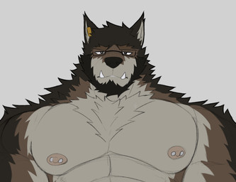anthro barazoku barbell_piercing eyewear glasses grey_background male muscular muscular_male nipple_piercing nipples pecs piercing simple_background solo dogguni bruce_(dogguni) canid canine mammal hi_res