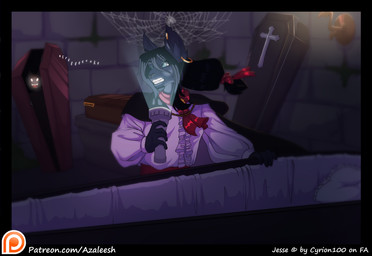 alternative_fashion anthro coffin cyrion duo flashlight goth patreon_logo solo_focus text azaleesh patreon vampire cel_shading digital_media_(artwork) shaded url