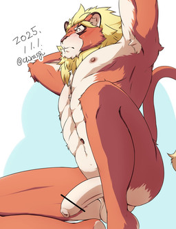 abs anthro arm_tuft balls blonde_hair blonde_mane blush butt censor_bar elbow_tuft foreskin fur fur_tuft genitals hair humanoid_genitalia humanoid_penis ineffective_censorship male mane mane_hair navel nipples nude orange_body orange_fur pecs penis tuft unretracted_foreskin chirasgi cygames world_flipper magnos_(world_flipper) felid lion mammal pantherine 2025 censored dated hi_res