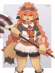 amber_eyes anthro axe battle_axe collar dipstick_tail eyewear female fur goggles hair kemono markings orange_hair solo tail tail_markings tan_body tan_fur yonaga class_of_heroes dwarf_(coh) mammal 2023 3:4 hi_res