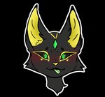 anthro black_body ears_up female glowing glowing_eyes green_eyes looking_at_viewer simple_background solo tongue tongue_out transparent_background luna_(braingone) pats_(patrina_erubus) azorian canid canine fox hybrid mammal alpha_channel headshot_portrait portrait