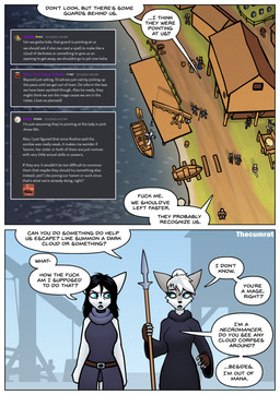 anthro armor black_hair blue_clothing blue_eyes boat border building cemetery clothed clothed_anthro clothed_female clothing crane_(machine) dark_clothing detailed_background dialogue fantasy female fur grey_body grey_fur hair long_hair looking_at_another melee_weapon outside polearm profanity robe sea spear speech_bubble text tombstone vehicle water watercraft weapon white_body white_border white_fur white_hair thecumrat sylvia_(thecumrat) tasmin canid canine felid feline fox mammal absurd_res comic english_text hi_res story