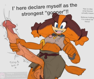 anthro balls big_balls big_penis blue_eyes bodily_fluids bottomwear bracelet brown_body brown_fur clothing crop_top dialogue fur genital_fluids genitals gynomorph huge_penis intersex jewelry masturbation necklace orange_body orange_fur penis precum shirt skirt smug_face solo topwear vein veiny_balls veiny_penis lobsteragent12 sega sonic_boom sonic_the_hedgehog_(series) sticks_the_jungle_badger badger mammal mustelid musteline