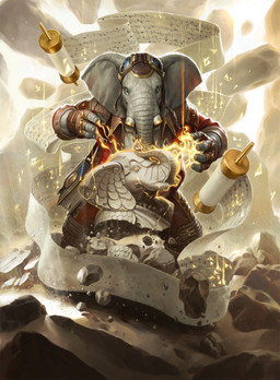 ambiguous_gender anthro book eyewear eyewear_on_head front_view goggles goggles_on_head gold_(metal) gold_jewelry grey_body jewelry looking_at_viewer magic rock scroll sculpture solo standing statue wraithdt hasbro magic:_the_gathering wizards_of_the_coast quintorius_kand elephant elephantid loxodon mammal proboscidean hi_res official_art