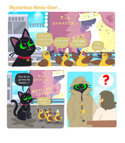 :3 ambiguous_gender black_body black_fur brown_body brown_feathers city city_background clothing coat collar countershading dialogue feathers feral fur glistening glistening_eyes green_eyes group open_mouth paws question_mark simple_background smile text tongue topwear totem_pole_trench trenchcoat whiskers white_background young shanhorandraws little_kitty_big_city gecku_(lkbc) little_kitty_(lkbc) anatid anseriform avian bird duck gecko human lizard mammal reptile scalie 2025 comic english_text hi_res japanese_text official_art