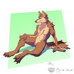 anthro brown_body brown_fur chest_tuft claws featureless_crotch fur male nude paws sitting solo tail text tuft pianosoup rafael_belmont canid canine canis mammal wolf 1:1 2023 artist_name portrait