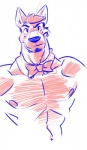 anthro bow_(feature) bow_tie canid canine canis clothed clothing collar facial_hair looking_at_viewer male mammal navel poop_(artist) smile smirk solo topless wolf