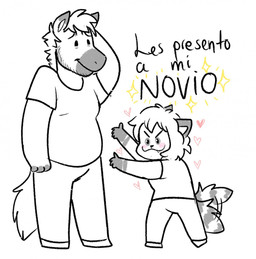 4_fingers >:3 anthro bangs beady_eyes beard black_eyebrows black_eyes black_nose bottomwear closed_smile clothed clothed_anthro clothed_female clothed_male clothing dialogue dot_eyes duo eyebrows facial_hair fangs female female_anthro fingers fluffy fluffy_tail fully_clothed fully_clothed_anthro fully_clothed_female fully_clothed_male furrowed_eyebrows grey_ear_tips grey_ears grey_tail hair hearts_around_body hooves larger_anthro larger_male male male/female male_anthro markings medium_hair motion_lines mouth_closed nervous nervous_smile pants presenting presenting_another shirt short_hair simple_background simple_eyes size_difference slightly_chubby slightly_chubby_anthro slightly_chubby_male smaller_anthro smaller_female smile sparkles standing striped_markings striped_tail stripes stubble t-shirt tail tail_markings tail_motion tailwag teeth text topwear two_tone_tail unguligrade white_background white_bottomwear white_clothing white_hair white_hooves white_pants white_shirt white_stripes white_t-shirt white_tail white_topwear ractoons colty_(colty8) raquel_(ractoons) equid equine horse mammal procyonid raccoon 2021 digital_drawing_(artwork) digital_media_(artwork) english_description flat_colors greyscale hi_res monochrome spanish_text translated