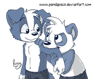 anthro bite cheek_tuft clothed clothing duo facial_tuft fangs floppy_ears gloves_(marking) head_tuft logo male male_anthro markings navel simple_background teeth text topless tuft young young_anthro young_male pandapaco parinton roni_(imroni) bear border_collie canid canine canis collie domestic_dog giant_panda herding_dog mammal pastoral_dog sheepdog artist_logo monochrome signature url