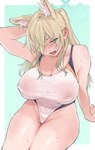 big_breasts blonde_hair blue_eyes blush bodily_fluids breasts eyebrows female hair nipple_outline open_mouth pubes raised_inner_eyebrows simple_background solo sweat wedgie koyatofu3 animal_humanoid humanoid 2024 hi_res