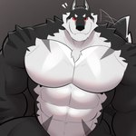 abs anthro barazoku biceps big_muscles black_body black_fur countershade_fur countershading fur huge_muscles looking_at_viewer male muscular muscular_anthro muscular_male pecs solo white_body white_countershading white_fur same22shark canid canine canis mammal wolf 1:1 hi_res