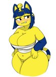 anthro bandage big_breasts blush bottomless breasts cleavage clothed clothing female frown genitals grimace hands_on_hips huge_breasts overweight pussy simple_background solo thick_thighs white_background freezietype animal_crossing nintendo ankha_(animal_crossing) domestic_cat felid feline felis mammal hi_res