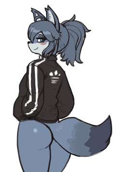 ambiguous_gender anthro biped blush bottomless bubble_butt butt butt_pose clothed clothing dipstick_tail eyebrows fluffy fluffy_tail fur grey_body grey_fur grey_hair hair jacket looking_at_viewer looking_back markings multicolored_tail no_underwear ponytail pose rear_view simple_background smile solo standing tail tail_markings topwear reccand canid canine canis mammal 2021 digital_media_(artwork) hi_res shaded
