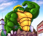 anthro big_biceps big_muscles big_pecs blonde_hair building building_destruction city cloud day destruction eye_scar facial_scar fangs featureless_crotch flexing flexing_bicep foot_on_object frill_(anatomy) green_body green_scales hair head_crest head_frill looking_at_self looking_at_viewer macro male muscular muscular_anthro muscular_arms muscular_male muscular_thighs nude outdoor_nudity outside pecs quads scales scar sky smile solo tail teeth yellow_eyes yellow_underbelly koragos koragos_(character) lizardman scalie hi_res