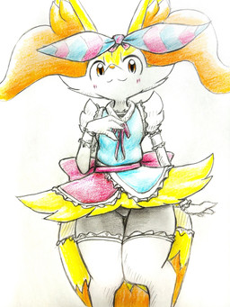 :3 accessory ambiguous_anthro ambiguous_gender anthro big_tail biped blush bow_ribbon closed_smile clothed clothed_ambiguous clothed_anthro clothing digitigrade dipstick_tail dress featureless_crotch frilly frilly_clothing furgonomics legwear looking_at_viewer markings mouth_closed simple_background smile snout solo standing tail tail_accessory tail_markings thigh_highs eiroru nintendo pokemon braixen canid generation_6_pokemon mammal pokemon_(species) 2024 3:4 colored_pencil_(artwork) graphite_(artwork) hi_res portrait three-quarter_portrait traditional_media_(artwork)