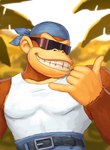 5_fingers anthro belt bottomwear brown_body brown_fur clothed clothing denim denim_bottomwear denim_clothing eyewear fingers fur gesture hand_gesture jeans kerchief male muscular muscular_male outside pants pecs shaka_sign shirt smile solo sunglasses tank_top topwear redustheriotact donkey_kong_(series) nintendo funky_kong ape gorilla haplorhine kong mammal primate 2022 hi_res