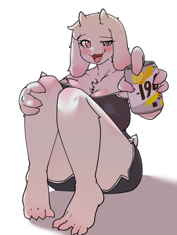 4_fingers anthro beverage_can big_breasts breasts chest_tuft clothing collarbone eyebrows eyelashes feet female fingers fur hand_on_leg heart_symbol horn red_eyes sitting solo tuft white_body white_fur mr_youngdo undertale_(series) toriel boss_monster_(undertale) bovid caprine goat mammal 2026 3:4 hi_res