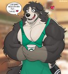 anthro apron black_body black_fur clothing countershade_face countershade_fur countershade_torso countershading eyebrows fingers floppy_ears fur green_apron green_clothing holding_object male muscular muscular_anthro muscular_male open_mouth open_smile pecs smile solo tail text ruffusbleu canid canine canis domestic_dog mammal english_text hi_res