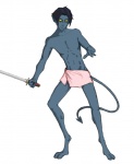 hair happy holding_melee_weapon holding_object holding_sword holding_weapon humanoid male marvel melee_weapon nightcrawler not_furry nude purple_hair simple_background solo sword tail towel towel_only unknown_artist weapon white_background x-men yellow_eyes