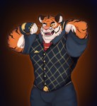 anthro bottomwear clothed clothing dress_shirt fingerless_gloves flexing gloves hand_behind_head handwear male muscular muscular_male necktie one_eye_closed open_mouth pants shirt short_sleeved_shirt solo topwear vest whiskers wink acario_(artist) epic_games fortnite oscar_(fortnite) felid mammal pantherine tiger absurd_res hi_res