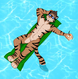 andromorph anthro beverage eyewear eyewear_only genitals intersex nude poolside solo sunglasses sunglasses_only vulva water redjasper felid mammal pantherine prehistoric_species saber-toothed_tiger tiger absurd_res hi_res