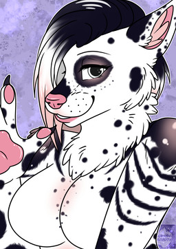 anthro black_markings female flophawk freckles fur gesture markings pink_markings solo spots stripes waving white_body white_fur arwenscoots conditional_dnp canid canine canis domestic_dog mammal hi_res