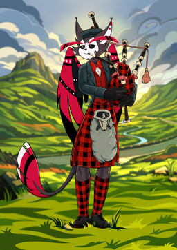 anthro bagpipes black_body bottomwear bow_tie cliff clothing cloud detailed_background footwear grass hat headgear headwear kilt landscape looking_away male musical_instrument pattern_clothing plaid plaid_clothing plant playing_music road scotland scottish shoes socks solo sporran standing suit tail tam_o'_shanter wind_instrument wings woodwind_instrument yellow_eyes cinnameana hazbin_hotel hellaverse husk_(hazbin_hotel) domestic_cat felid feline feline_demon felis mammal absurd_res hi_res