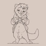 animal_genitalia anthro ball_tuft balls belly biped bottomless clothed clothing clothing_lift fluffy_balls freckles fully_sheathed genitals hoodie looking_away looking_sideways male penis penis_tip sheath smile smirk solo tail tongue tongue_out topwear tuft oddscreen mammal mustelid otter 1:1 monochrome sketch unfinished