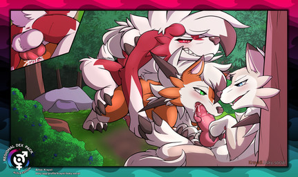 anal anal_penetration animal_genitalia animal_penis balls blue_eyes blush bodily_fluids border canine_genitalia canine_penis claws cum cum_in_ass cum_in_mouth cum_inside cutaway detailed_background erection eye_contact fellatio fellatio_while_penetrated feral feral_on_feral feral_penetrated feral_penetrating feral_penetrating_feral forest forest_background from_behind_position fur genital_fluids genitals green_eyes group group_sex knot knotted_penis looking_at_another male male/male male_feral male_penetrated male_penetrating male_penetrating_male mounting nature nature_background nude open_mouth oral oral_penetration orange_body outside penetration penile penile_penetration penis plant red_body red_eyes red_fur red_sclera saliva saliva_on_penis sex smile spitroast tail text threesome toe_claws tongue tree trio white_body white_fur krayxii nintendo pokemon canid canine dusk_lycanroc generation_7_pokemon lycanroc mammal midday_lycanroc midnight_lycanroc pokemon_(species) absurd_res digital_media_(artwork) english_text hi_res url watermark
