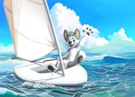 4_fingers 4_toes anthro barefoot biped black_nose blue_eyes blue_sky boat cheek_tuft cloud cute_fangs day detailed_background dinghy_(sailing_boat) eyebrows facial_tuft fangs feet fingers fur gesture glistening glistening_eyes grey_body grey_fur grey_pawpads happy head_tuft holding_object inner_ear_fluff lake male multicolored_body multicolored_fur navel nude open_mouth open_smile outside pawpads plantigrade pointy_ears prick_ears raised_arm sailing_boat sailing_watercraft sitting sky smile soles solo tan_inner_ear_fluff teeth toes tongue tuft vehicle water watercraft wave waving white_body white_fur pandapaco laser_(dinghy) laserperformance kelby canid canine canis domestic_dog husky mammal nordic_sled_dog siberian_husky spitz 2022 adobe_photoshop_(artwork) digital_media_(artwork) hi_res signature