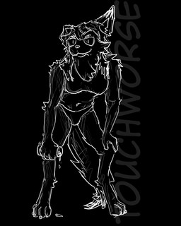 anthro arm_tuft belly bent_over black_arms black_eyes black_hair black_legs black_nose black_paws breasts can chair clothing container dipstick_ears dipstick_tail dripping ear_markings facial_tuft female front_view furniture hair hands_on_knees hands_on_legs holding_object leg_tuft liquid long_hair markings multicolored_ears navel panties relaxing solo standing tail tail_markings teeth tuft underwear touchworse voida canid canine canis mammal wolf hi_res monochrome sketch