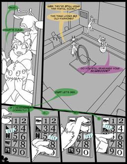 3_eyes 4_eyes 4_fingers black_border border chair clothed clothing desk dialogue door female fingers furniture horn inside monster_girl_(genre) multi_eye portal pushbutton school smile speech_bubble table text janner3d monster comic english_text