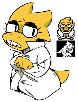 annoyed anthro breasts clothed clothing coat eyewear female front_view fully_clothed gesture glasses hand_gesture lab_coat looking_at_viewer medium_breasts narrowed_eyes non-mammal_breasts pointing scales sharp_teeth solo tail teeth thick_tail three-quarter_view topwear yellow_body yellow_scales lunskie undertale undertale_(series) alphys lizard reptile scalie half-length_portrait portrait
