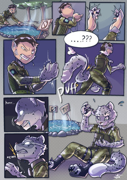 anthro artist_initials biped black_markings bodily_fluids clenched_teeth clothed clothed_anthro clothed_human clothing countershade_fur countershade_hands countershading damaged_clothing dipstick_tail drinking front_view fully_clothed fully_clothed_anthro fully_clothed_human fur fur_growth glowing glowing_eyes grey_body growth human_to_anthro looking_down looking_down_at_self lying male male_anthro male_human markings military_uniform motion_lines on_front one_eye_half-closed open_mouth pink_nose plant pond rear_view shoe_burst side_view sign sitting sitting_on_ground snout snout_growth solo species_transformation standing steam sweat sweatdrop tail tail_growth tail_markings teeth text transformation transformation_sequence tree uniform water white_body white_countershading sh_in_ys felid human mammal pantherine snow_leopard 2021 absurd_res better_version_at_paywall colored comic english_text hi_res shaded