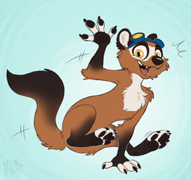 anthro black_claws black_nose black_pawpads claws eyewear eyewear_on_head fangs fur gesture goggles goggles_on_head happy jumping looking_at_viewer male motion_lines multicolored_body multicolored_fur nude open_mouth open_smile pawpads paws smile smiling_at_viewer snout solo tail teeth waving yellow_eyes mimi-fox gulonine mammal marten mustelid musteline colored digital_drawing_(artwork) digital_media_(artwork) flat_colors hi_res