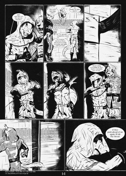 8_panel_comic anthro armor biped black_eyes black_hair black_nose black_text boots clenched_teeth clothed clothing crowbar dialogue ellipsis footwear group hair holding_crowbar hood looking_at_another male medieval open_mouth page_number question_mark sharp_teeth shoes speech_bubble standing tail talking_to_another teeth text tongue tools torch warrior white_sclera leprzil canid canine canis domestic_cat domestic_dog felid feline felis gulonine mammal marten murid murine mustelid musteline oriental_shorthair rat rodent 2025 comic english_text hi_res monochrome url