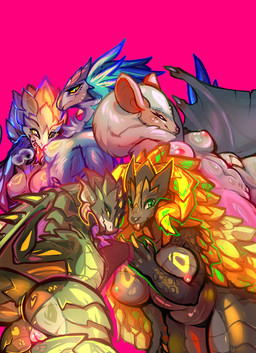 bodily_fluids breasts female genital_fluids genitals horn looking_at_viewer nipples spread_wings vaginal_fluids vulva wings conditional_dnp elvche capcom monster_hunter bird_wyvern elder_dragon flying_wyvern kulve_taroth paolumu rath_wyvern rathian seikret shara_ishvalda digital_media_(artwork) hi_res