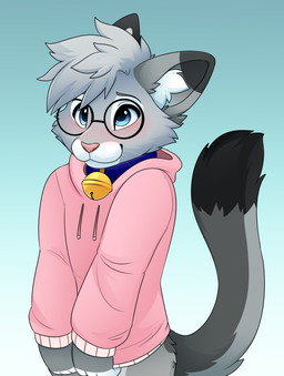 anthro bashful bell bell_collar blue_collar blue_eyes blush bottomless bottomless_anthro bottomless_male clothed clothing collar dipstick_ears dipstick_tail ear_markings eyewear femboy fur glasses gold_bell grey_body hair holding_clothing holding_object hoodie looking_at_viewer male markings multicolored_ears pink_clothing pink_hoodie pink_topwear round_glasses shy simple_background smile solo spots spotted_markings standing tail tail_markings topwear whiskers feve nixuelle domestic_cat egyptian_mau felid feline felis mammal 2026 digital_media_(artwork) hi_res
