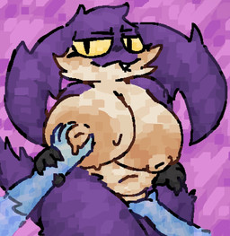 anthro arm_grab bedroom_eyes belly big_breasts big_ears bite biting_lip black_paws blush blush_lines bodily_fluids breast_grab breasts disembodied_hand female fingering fluffy fluffy_tail ghost_hand half-closed_eyes hand_on_breast hand_on_hip hand_on_vulva head_wings narrowed_eyes nipple_fetish nipple_pinch nipple_play pinch pubic_mound purple_background seductive simple_background solo sweat tail thick_thighs unusual_wing_placement white_belly wings scaliescum bandai_namco digimon digimon_(species) tsukaimon aliasing digital_media_(artwork) hi_res