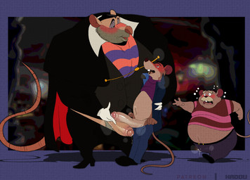 anthro belly big_belly big_penis blush bodily_fluids bottomwear clothing duo erection facial_hair foreskin genital_fluids genitals group male male/male mature_male mustache overweight overweight_male pants penis precum shirt size_difference tail topwear trio had0u disney the_great_mouse_detective basil_(disney) david_dawson professor_padraic_ratigan mammal mouse murid murine rat rodent 2025 hi_res