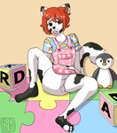 abdl ageplay anthro black_markings clean_diaper clothed clothing crossdressing diaper front_view hair infantilism looking_at_viewer male markings object_in_mouth orange_eyes orange_hair pacifier pacifier_in_mouth plushie roleplay sitting solo spread_legs spreading wearing_diaper white_body white_diaper riddlr canid mammal artist_name hi_res