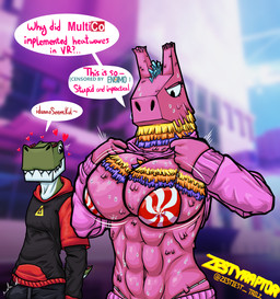abs angry anthro athletic big_breasts big_teeth bikini bite biting_lip bodily_fluids breast_squish breasts clothed clothing clothing_lift dialogue duo dyino erection erection_under_clothing excited female green_body hoodie hoodie_lift huge_breasts larger_female lolly_(aptertheraptor) male male/female mohawk multicolored_body muscular muscular_female pinata pink_body revealing_breasts short size_difference slim smaller_male speech_bubble squish standing sweat sweatdrop swimwear tall topwear two-piece_swimsuit white_body aptertheraptor the_finals animate_inanimate camelid dinosaur living_pinata llama mammal prehistoric_species reptile scalie hi_res