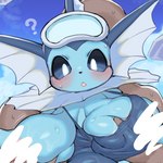 2021 anthro areola big_breasts blue_body blue_eyes blue_skin blush breast_fondling breast_grab breast_play breasts censor_bar censored cleavage clothed clothing cloud duo eeveelution eyewear female fondling generation_1_pokemon goggles hand_on_breast human ineffective_censorship kemono looking_down male male/female mammal nintendo open_mouth pink_areola pokemon pokemon_(species) question_mark rikose sky swimwear vaporeon