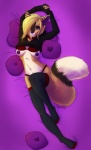 alternative_fashion anthro blonde_hair breasts clothed clothing collar ear_piercing female flashing green_eyes hair hair_over_eye industrial_piercing legwear looking_at_viewer nipple_piercing nipples one_eye_obstructed piercing skimpy solo stockings tail undressing ryunwoofie roxyshadowfang canid canine fox mammal hi_res