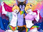 abs accessory aloha_shirt anthro athletic athletic_anthro athletic_female athletic_male biped bisexual_pride_colors black_body black_fur black_nose blonde_hair blue_body blue_fur blush body_hair bottomwear breasts bulge camel_toe clothed clothing confetti countershading crop_top cropped_hoodie crossgender detailed_bulge drawstring female flag flag_(object) front_view fur fur_markings genital_outline group hair hand_above_head hand_on_hip handkerchief happy happy_trail holding_flag holding_object hug kerchief larger_male lgbt_pride male markings midriff multicolored_bottomwear multicolored_clothing multicolored_kerchief multicolored_neckerchief multicolored_neckwear multicolored_shorts multicolored_skirt navel neckerchief neckwear nipple_outline open_clothing open_mouth open_shirt open_topwear orange_body orange_clothing orange_fur orange_panties orange_underwear panties pattern_bottomwear pattern_clothing pattern_panties pattern_shirt pattern_topwear pattern_underwear pride_color_accessory pride_color_bandanna pride_color_bottomwear pride_color_clothing pride_color_flag pride_color_kerchief pride_color_neckerchief pride_color_neckwear pride_color_shorts pride_color_skirt pride_colors pubes purple_eyes rainbow_pride_colors raised_bottomwear raised_clothing raised_skirt sheath_outline shirt short_hair shorts simple_background six-stripe_rainbow_pride_colors size_difference skirt smile striped_bottomwear striped_clothing striped_panties striped_underwear stripes topwear underwear upskirt whiskers white_body white_fur sidnithefox lgbt_pride_month sidni stack_(character) canid canine fennec_fox fox mammal true_fox 2022 4:3 colorful_theme digital_media_(artwork) half-length_portrait hi_res portrait shaded soft_shading